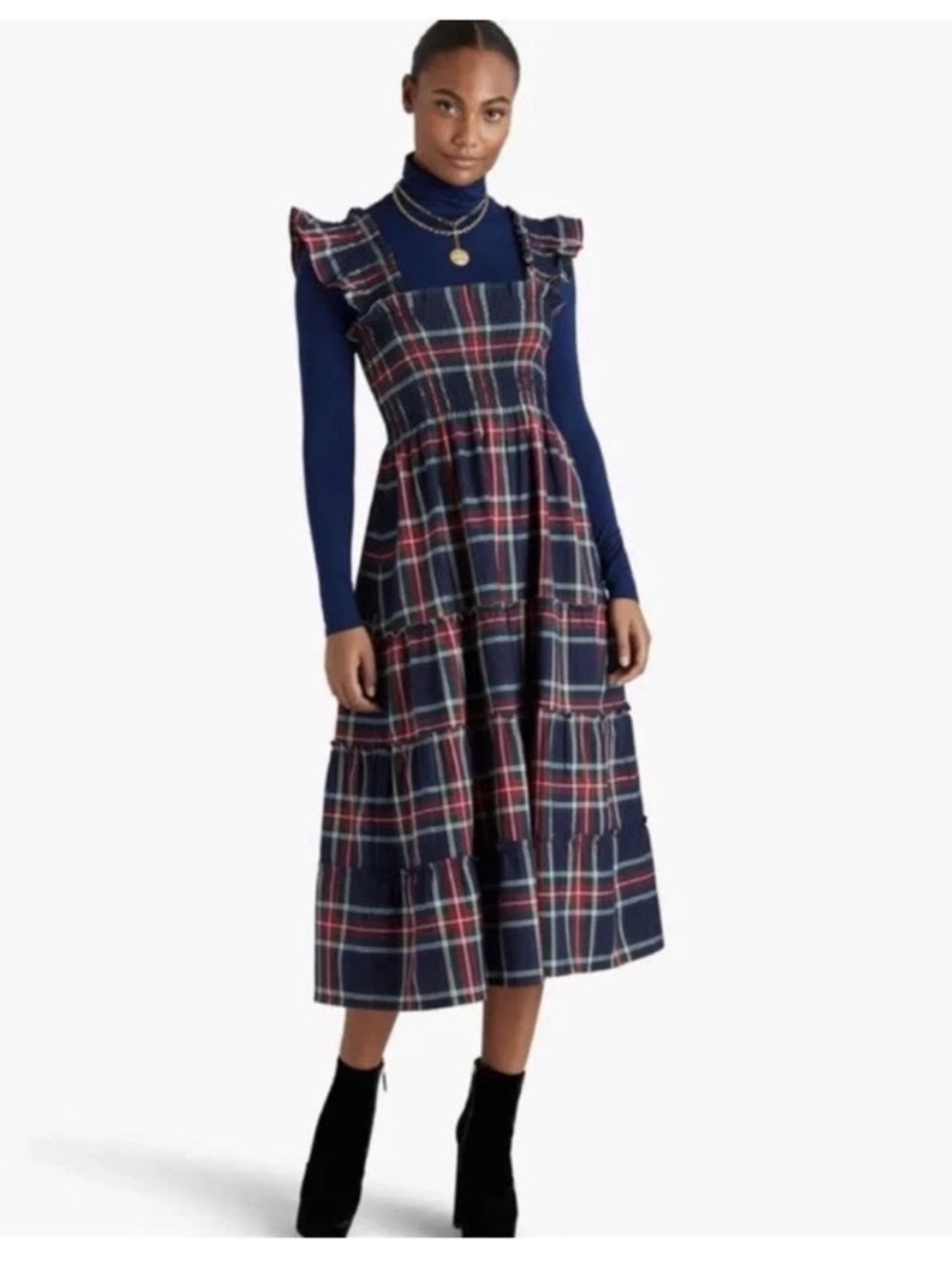 House Hill Ellie Plaid Nap Midi Dress Navy Red Size XS